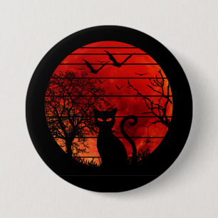MACARON ROND 7,6 CM CHAT LUNE ROUGE NUIT AMANT DES CHATS NOIRS