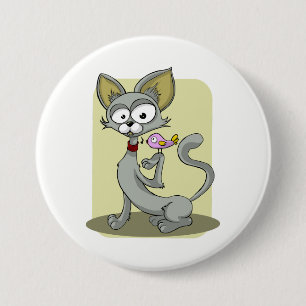 Macaron Rond 7,6 Cm Chat maigre et oiseau rose