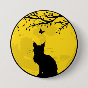 Macaron Rond 7,6 Cm Chat noir Lune jaune