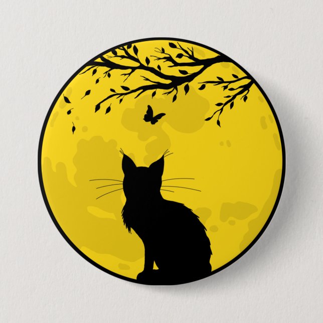 Macaron Rond 7,6 Cm Chat noir Lune jaune (Devant)