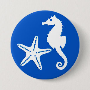 Macaron Rond 7,6 Cm Cheval de mer et poisson d'eau - blanc sur bleu co