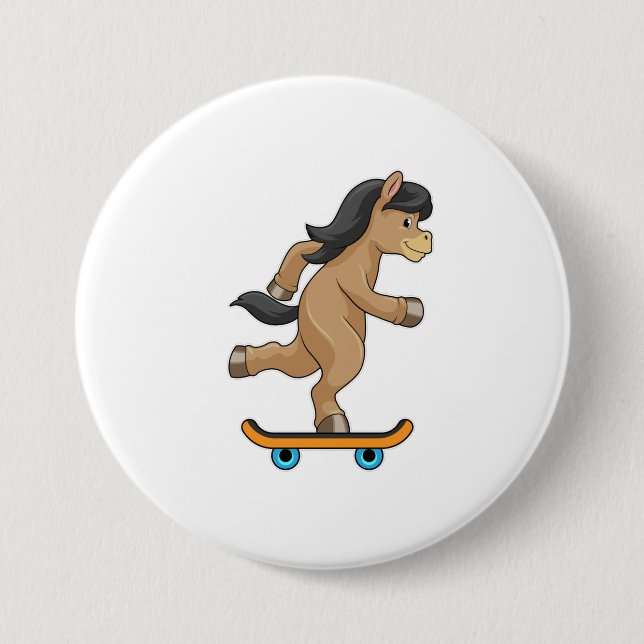 Macaron Rond 7,6 Cm Cheval en Patinage avec Skateboard (Devant)