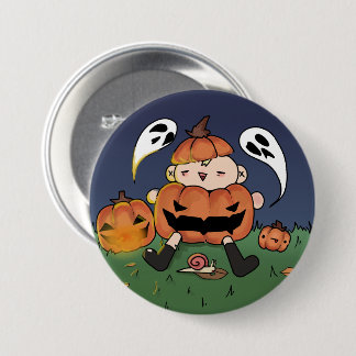 Macaron Rond 7,6 Cm Chibi en costume de citrouille, bouton sur le thèm