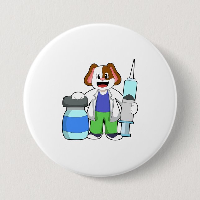 Macaron Rond 7,6 Cm Chien comme docteur avec seringue (Devant)