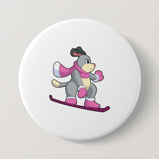 Macaron Rond 7,6 Cm Chien en Snowboardeur avec Sonowboard (Devant)