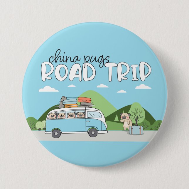 Macaron Rond 7,6 Cm China Pugs Road Trip (Devant)