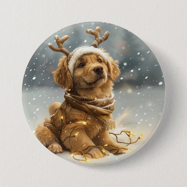 Macaron Rond 7,6 Cm Chiot de Noël Golden Retriever (Devant)