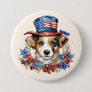 Macaron Rond 7,6 Cm Chiot patriotique 4 juillet fête de l'indépendance