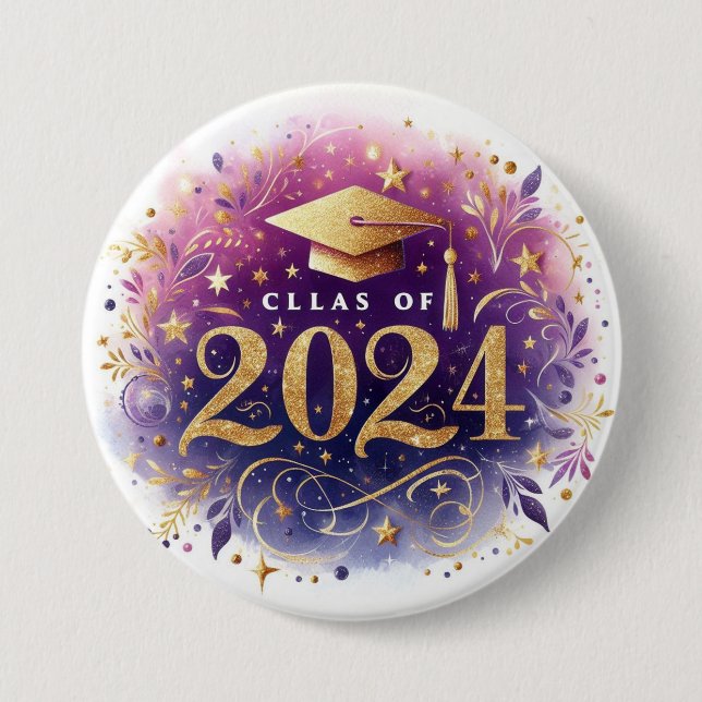 Macaron Rond 7,6 Cm Classe de 2024 Bouton Graduation (Devant)