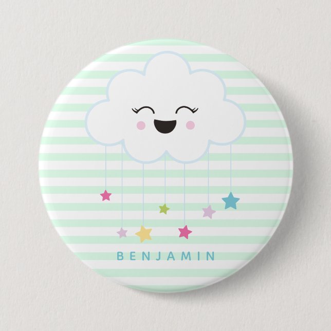 Macaron Rond 7,6 Cm Cloud doux à rire - Bouton vert rayé (Devant)