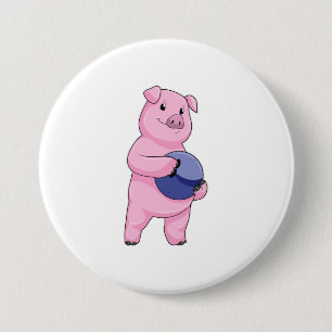 Macaron Rond 7,6 Cm Cochon à Bowling avec balle de Bowling