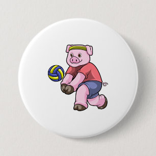 Macaron Rond 7,6 Cm Cochon de sport avec volleyball