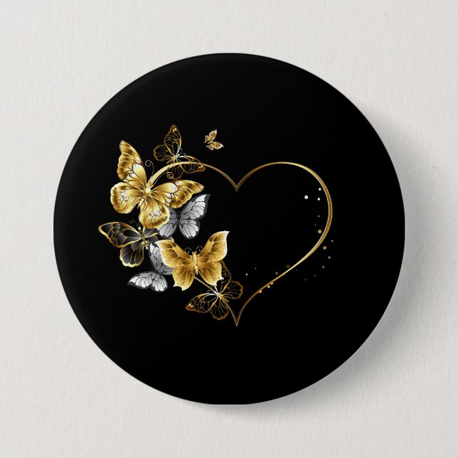 Macaron Rond 7,6 Cm Coeur aux papillons d'or (Devant)