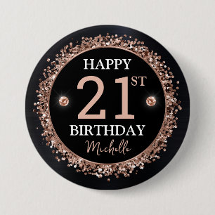 Macaron Rond 7,6 Cm Confettis Pailletés Noir et Or Rose Anniversaire