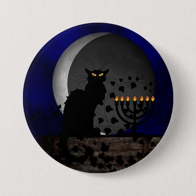 Macaron Rond 7,6 Cm Conversation Noir Chanukah avec Menorah (Devant)