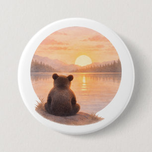 Macaron Rond 7,6 Cm Coucher de soleil avec un ourson paisible - Aquare