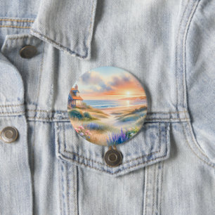 Macaron Rond 7,6 Cm Coucher de soleil sur une maison de bord de mer en