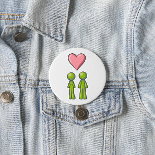 Macaron Rond 7,6 Cm Couple de personnages bâtons verts Cœur rose Amour
