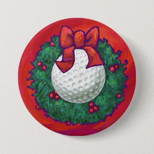 Macaron Rond 7,6 Cm Couronne de Noël aux balles de golf sur fond rouge