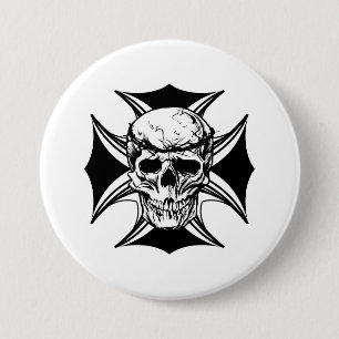 Macaron Rond 7,6 Cm Croix de couronne d'épine crâne art de motards