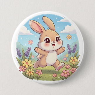 Macaron Rond 7,6 Cm Cute Bunny Hopping in a Flower Field