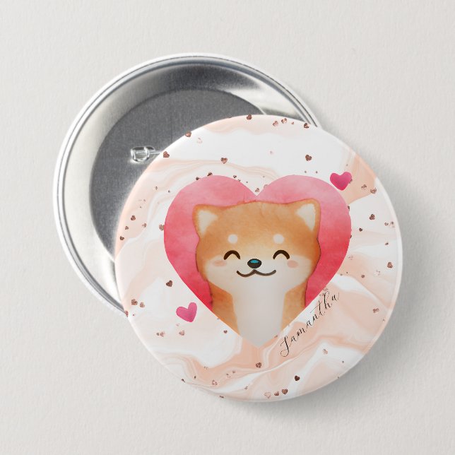 Macaron Rond 7,6 Cm Cute Shiba Inu dans un coeur (Devant & derrière)