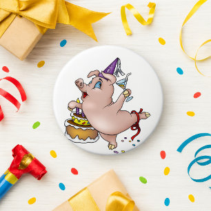Macaron Rond 7,6 Cm Danse Anniversaire Cochon avec gâteau et cocktail