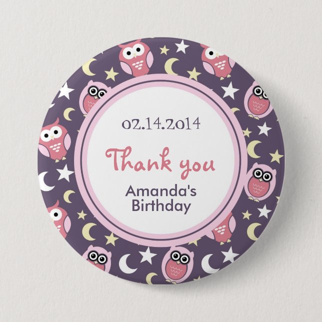 Macaron Rond 7,6 Cm Dessin d'Anniversaire de Chouette rose et violette (Devant)