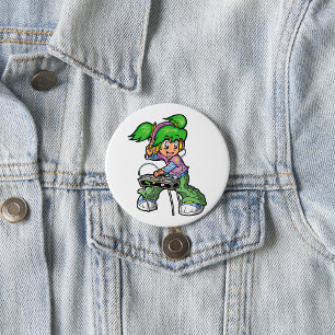 Macaron Rond 7,6 Cm DJ Girl avec cheveux verts et casques