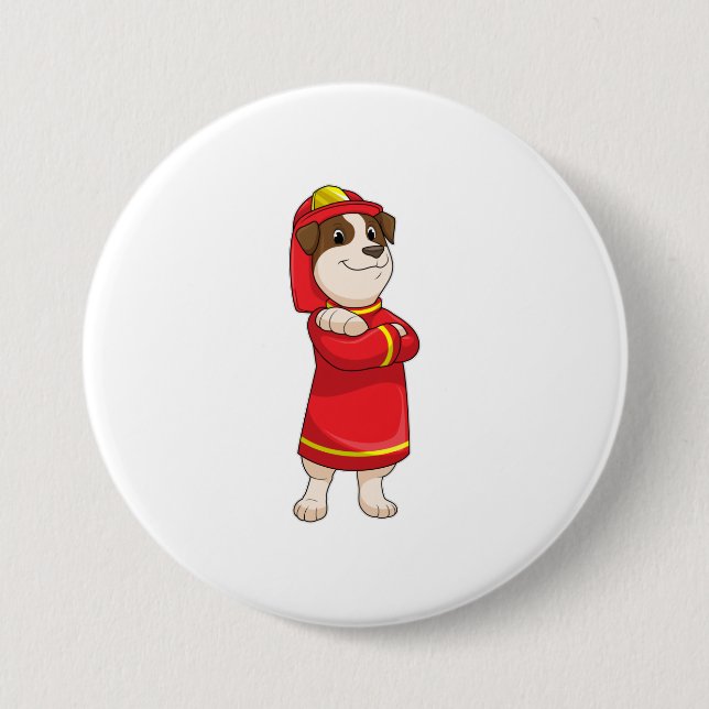 Macaron Rond 7,6 Cm Dog as Firefighter with Helmet (Devant)