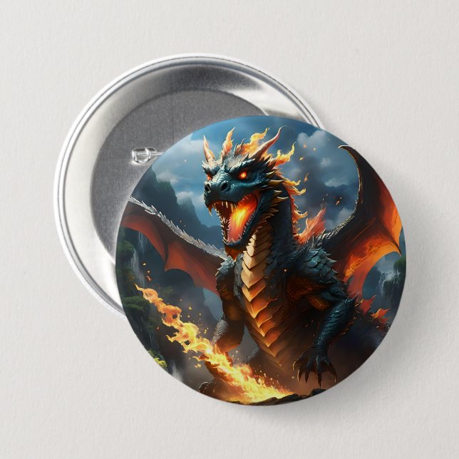 Macaron Rond 7,6 Cm Dragon de respiration par le feu effrayant, (Devant & derrière)