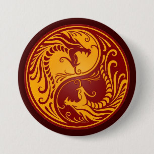 Macaron Rond 7,6 Cm Dragons rouges d'or de Yin Yang