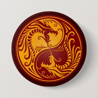 Macaron Rond 7,6 Cm Dragons rouges d'or de Yin Yang