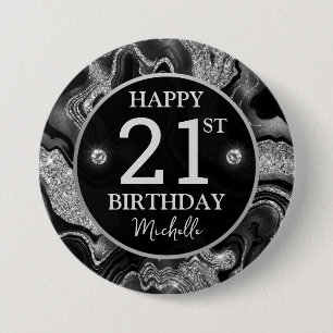 Macaron Rond 7,6 Cm Elégant Anniversaire Paillettes Noir et Argent Aga