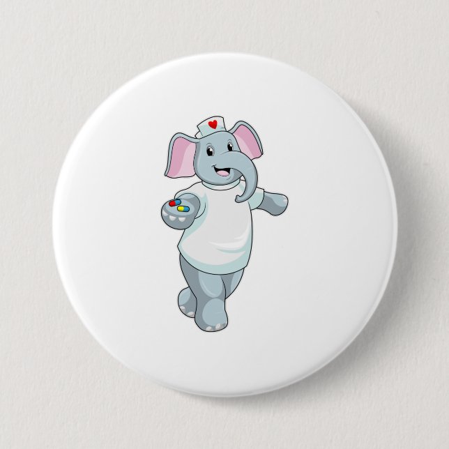 Macaron Rond 7,6 Cm Elephant comme infirmière avec la médecine (Devant)
