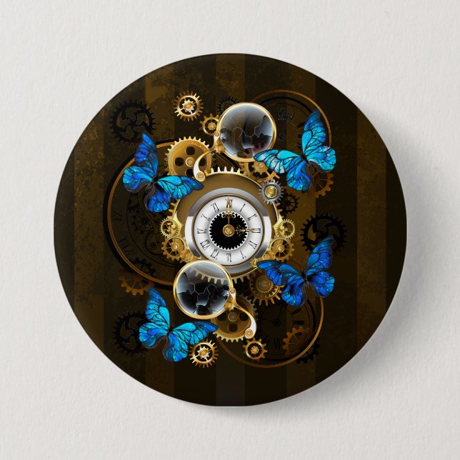 Macaron Rond 7,6 Cm Engrenages à vapeur et papillons bleus (Devant)