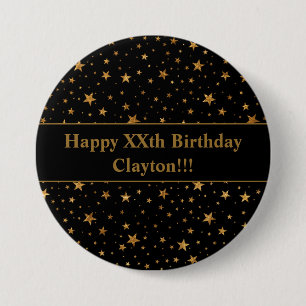 Macaron Rond 7,6 Cm Etoiles D'Or Avec Message Sur Anniversaire Noir