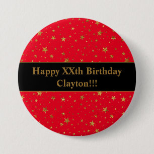 Macaron Rond 7,6 Cm Etoiles D'Or Avec Message Sur Bouton Rouge Anniver