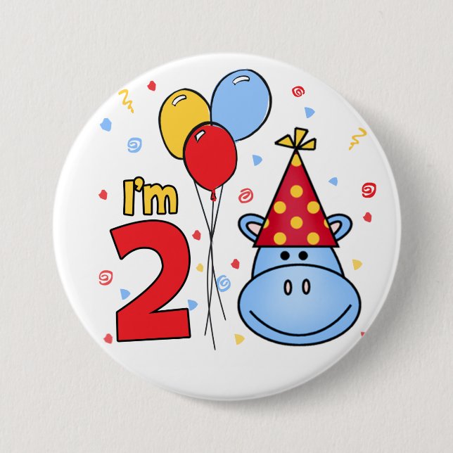 Macaron Rond 7,6 Cm Face Hippo bleu 2e anniversaire (Devant)
