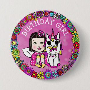 Macaron Rond 7,6 Cm Fée et licorne bouton anniversaire magenta