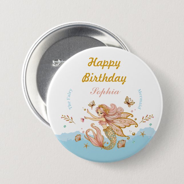 Macaron Rond 7,6 Cm Fée magique Fée Sirène Fête d'Anniversaire Fille (Devant & derrière)