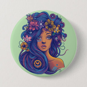 Macaron Rond 7,6 Cm Femme d'Imaginaire Boho avec cheveux floraux