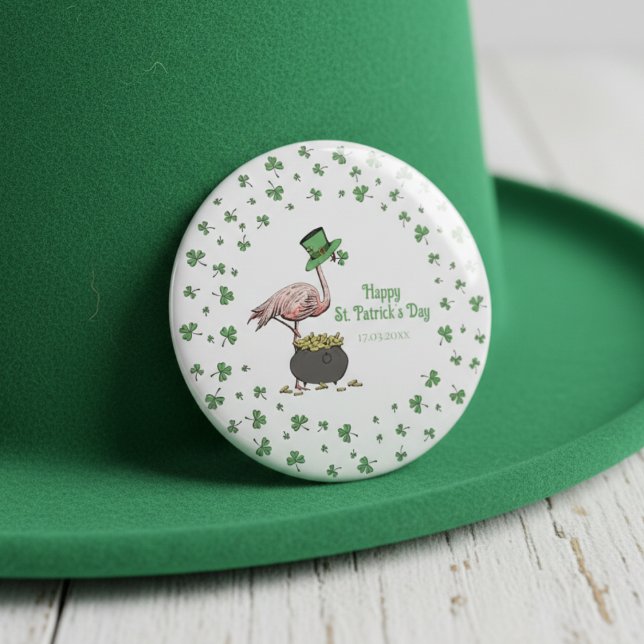 Macaron Rond 7,6 Cm Fête de la Saint-Patrick Flamingo Trèfle Irlandais (St Patrick's Day Party Pins. Funny  Irish Pink Flamingo & Green Leprechaun Hat, Shamrock Border)