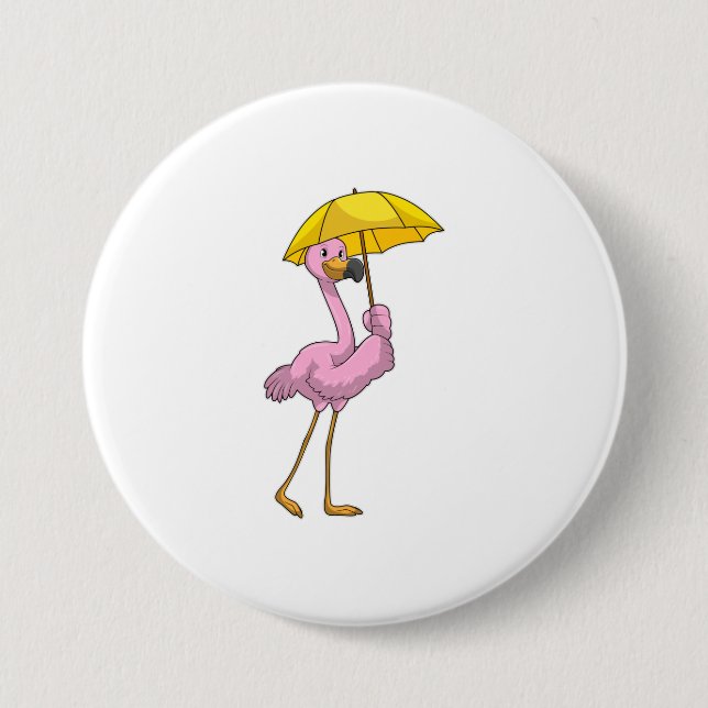 Macaron Rond 7,6 Cm Flamant rose à la pluie avec parapluie (Devant)