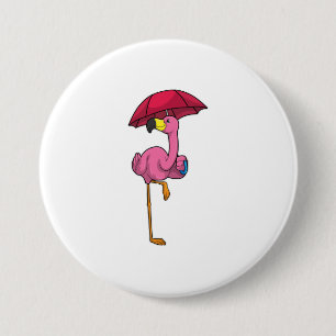 Macaron Rond 7,6 Cm Flamant rose à la pluie avec parapluie