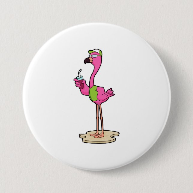 Macaron Rond 7,6 Cm Flamant rose avec Lunettes de soleil & Casquette (Devant)