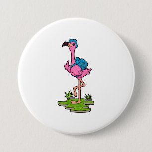 Macaron Rond 7,6 Cm Flamant rose comme randonneur avec sac à dos