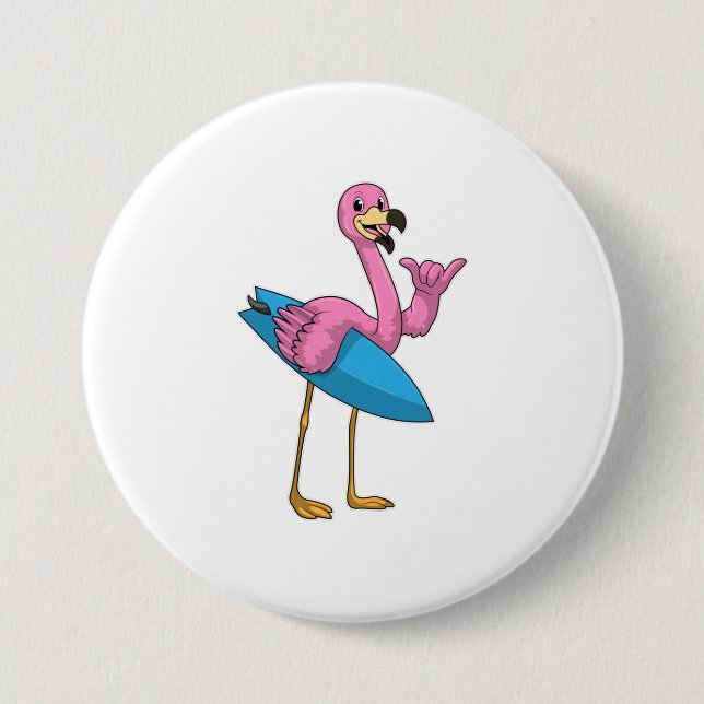 Macaron Rond 7,6 Cm Flamant rose comme Surfer avec Surfboard (Devant)