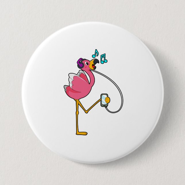 Macaron Rond 7,6 Cm Flamingo at Music with Headphone (Devant)