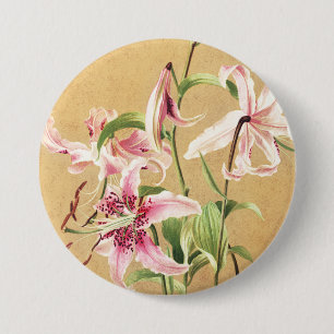 Macaron Rond 7,6 Cm Fleur Botanique Art Déco Lys Oriental Rose Vintage
